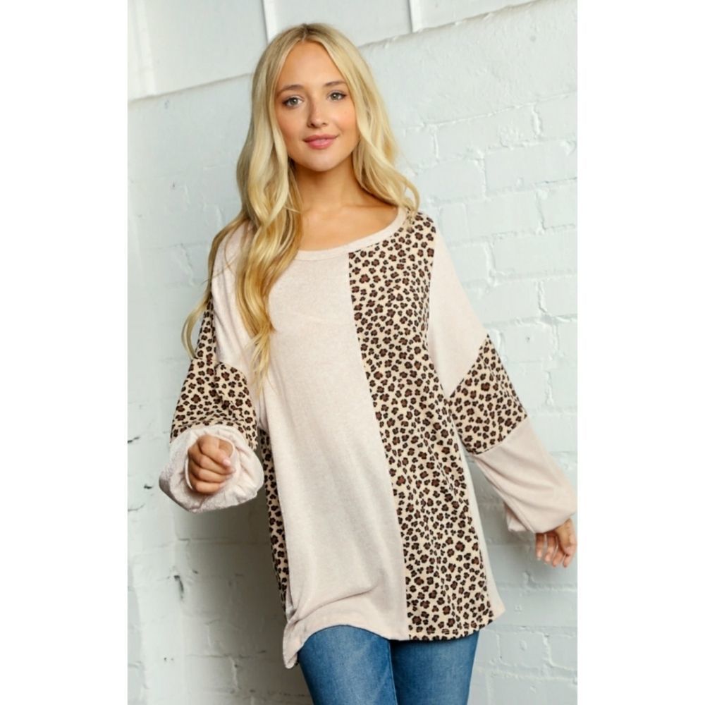 Oatmeal & Camel Two Tone Animal Print Top
